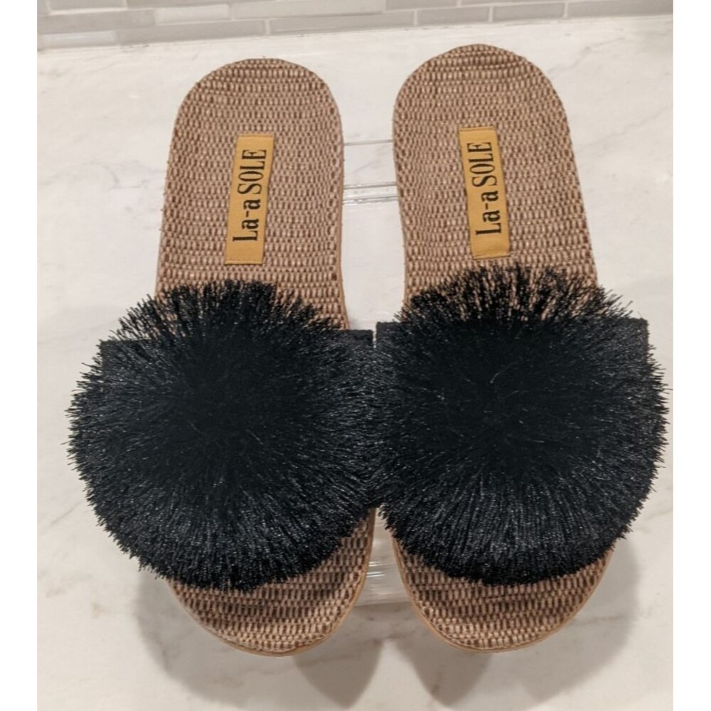 La-a Sole Pom Pom Slides in Black Women's Slip-On Sandals Size 5/6